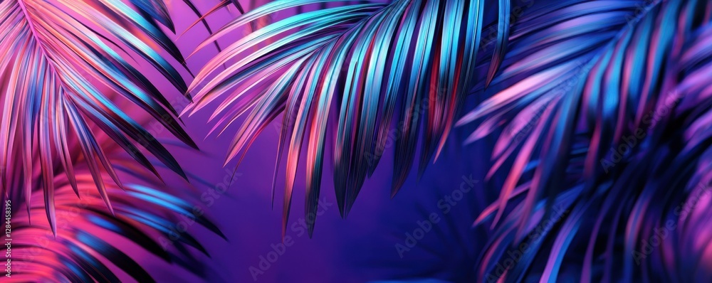Vibrant tropical leaves with neon colors in a modern abstract background