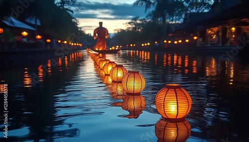 Canal scene at night with lanterns, man in boat, Asian village. Possible use Travel brochure, tourism promotion, Asian culture display photo