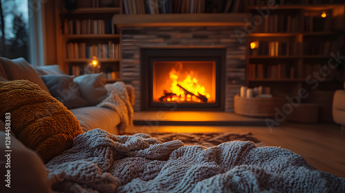 
A cozy living room with a burning fireplace, soft blankets and pillows on a comfortable sofa, warm lighting, bookshelf in the background