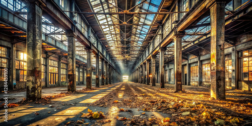 Wallpaper Mural Sunlight filters through a dilapidated industrial building, casting dramatic shadows on the ground covered with autumn leaves. The structure's weathered appearance tells a story of its past use Torontodigital.ca