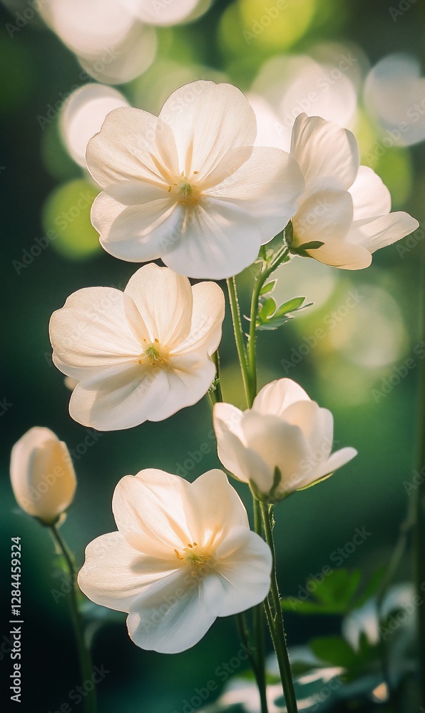 Fototapeta premium Delicate white flowers bathed in sunlight, garden setting, blurred bokeh background