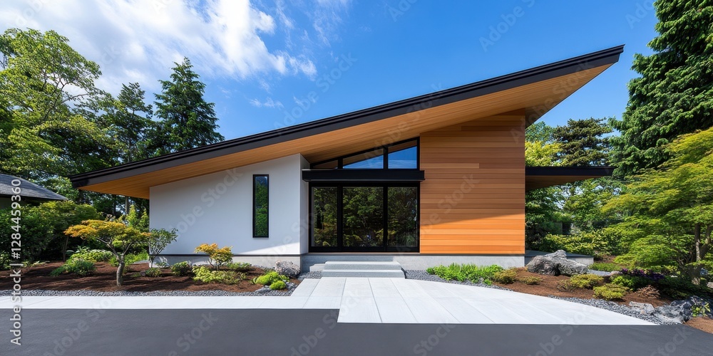 Fototapeta premium Beige horizontal siding with thin parallel lines, complemented by a bamboo-lined roof and minimalistic landscaping for a calming, zen aesthetic.