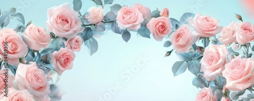 Delicate pink roses and soft blue leaves on light background