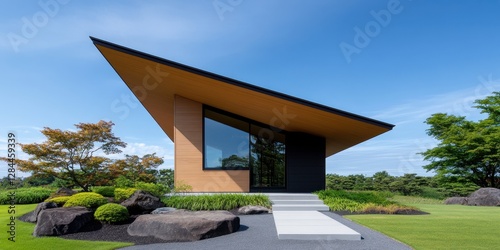 Zen-Inspired Design. Beige horizontal siding with thin parallel lines, complemented by a bamboo-lined roof and minimalistic landscaping for a calming, zen aesthetic. photo