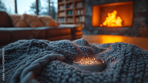
A cozy living room with a burning fireplace, soft blankets and pillows on a comfortable sofa, warm lighting, bookshelf in the background
