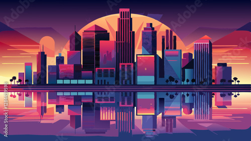 Foto Los Angeles skyline at sunset with brilliant pinks and purples reflecting in tow
