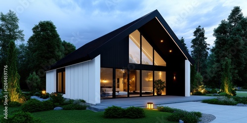 Architectural Statement. Off-white siding with parallel lines, paired with a contrasting charcoal roof and tall windows for a modern, architectural statement. photo