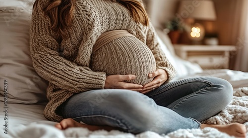 Pregnant woman cradling belly in cozy knitwear, bedroom setting photo