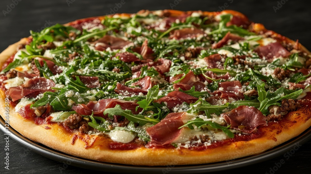 Delicious pizza topped with prosciutto, arugula, and cheese, showcasing vibrant colors and tempting textures. Delicious pizza topped with prosciutto, arugula, and cheese, showcasing vibrant colors and tempting textures.