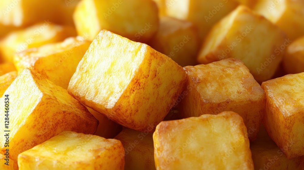 Close-up of crispy golden fried tofu cubes Close-up of crispy golden fried tofu cubes