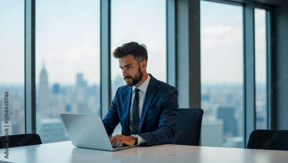Bearded Man in Suit Using Laptop in Spacious Office Environment Bearded Man in Suit Using Laptop in Spacious Office Environment