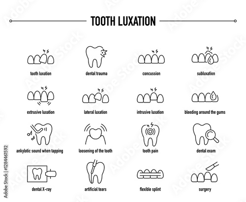 Tooth Luxation symptoms, diagnostic and treatment vector icon set. Line editable medical icons