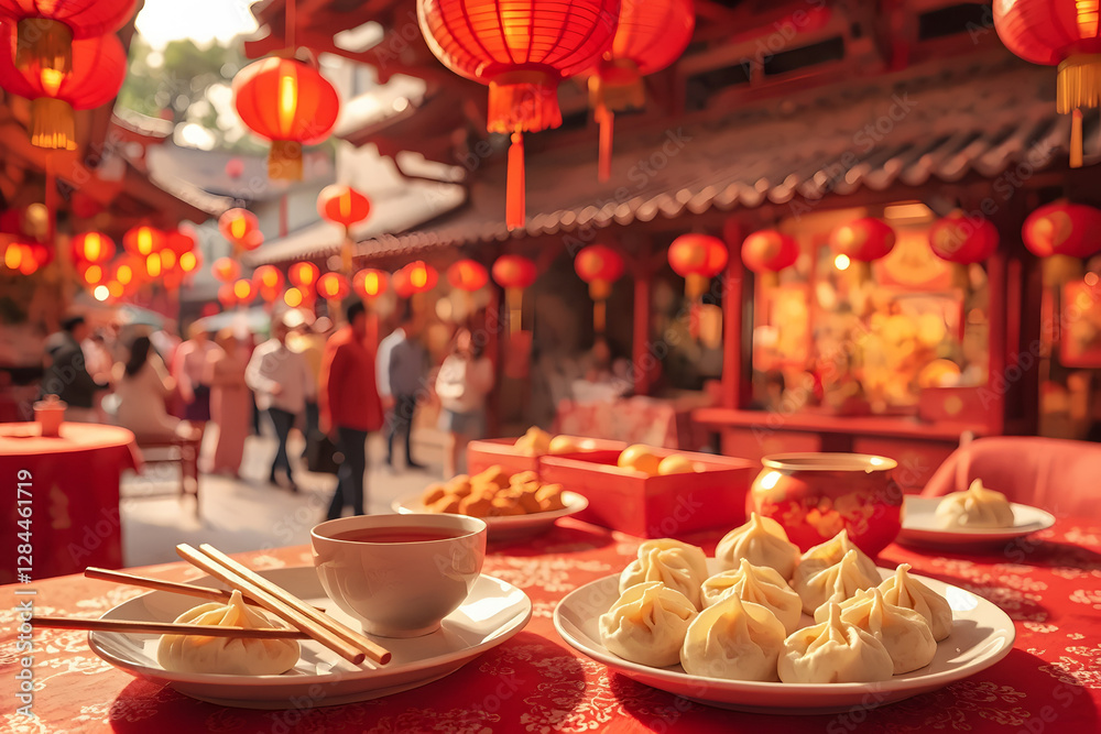 Dumplings & Tea on Red Cloth with Lanterns Overhead Dumplings & Tea on Red Cloth with Lanterns Overhead