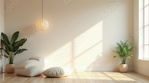 Ambient space inside a house with minimalist style decoration for relaxation and tranquility with warm light.
