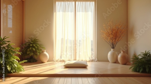 Ambient space inside a house with minimalist style decoration for relaxation and tranquility with warm light.