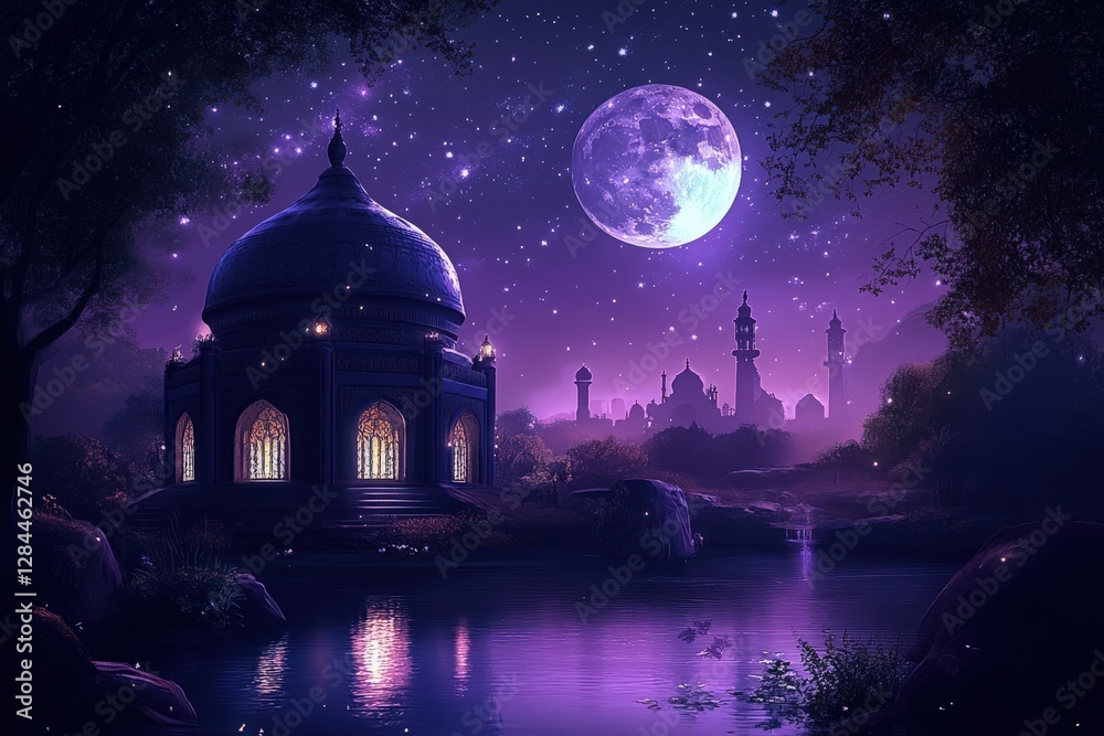 Obraz premium enchanted fairytale setting with dreamy fantasy night landscape featuring celestial beauty of full moon stars and ornate architecture surrounded by luminous foliage and tranquil lake