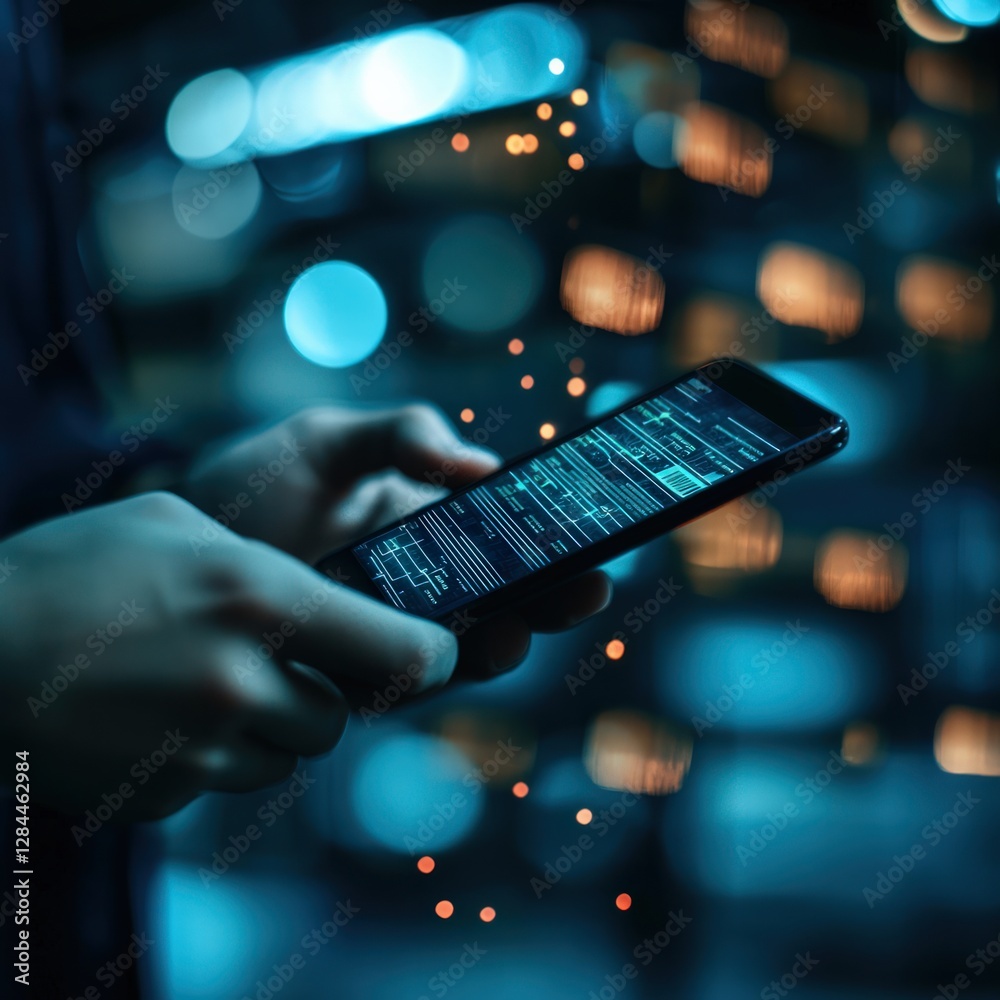 Obraz premium Person Holding Smartphone in a Digital Urban Environment at Night with Illuminated Background