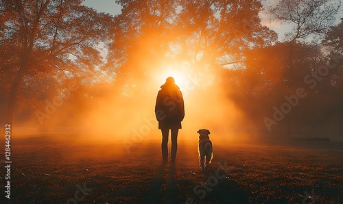 Person and dog silhouette at sunrise in park photo