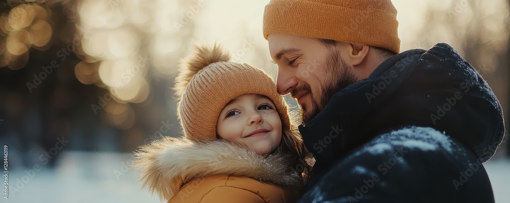 Obraz premium Father and daughter embracing in snowy winter park, smiling and happy together