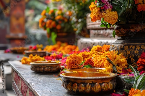 A close-up of a sacred altar, with offerings of flowers, A vibrant arrangement of colorful flowers displayed on a table within a serene Buddhist temple setting. photo