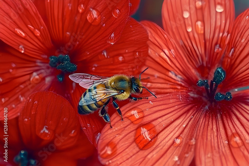 A close-up macro shot of a honey bee busy collecting pollen from the vibrant red flower, showcasing the intricate details of nature’s pollination process photo
