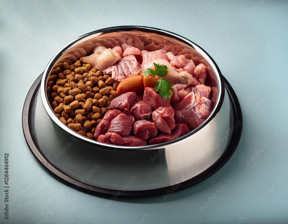 Dry Pet Food with Natural Ingredients – Raw Meat in a Bowl for Pets, A Set of Different Fodder and Food for Dogs or Cats Dry Pet Food with Natural Ingredients – Raw Meat in a Bowl for Pets, A Set of Different Fodder and Food for Dogs or Cats