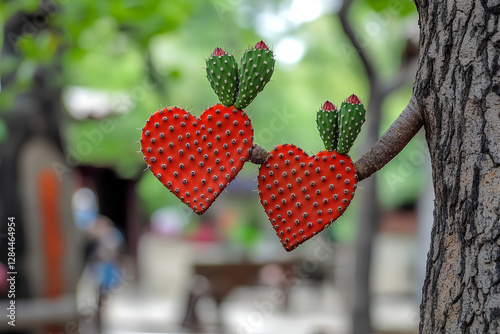 A unique cactus shaped like a heart, perched on a tree with a blurred background, creating a romantic and symbolic love concept photo