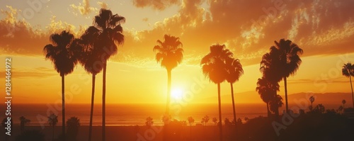 Golden sunset behind silhouetted palm trees by the ocean