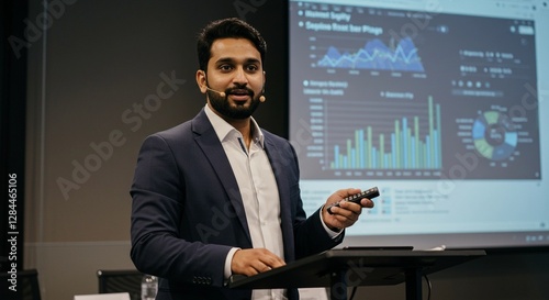 Confident Indian Male Executive Leading Presentation with Interactive Data Visuals
