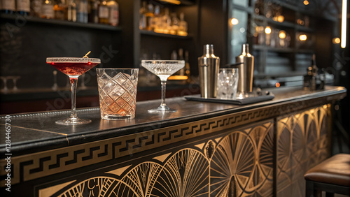 Close-up of a 1920s speakeasy bar counter with classic cocktails. crystal glasses. and Art Deco patterns. moody lighting