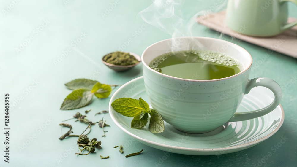 A freshly brewed cup of green tea. isolated on a pastel mint background. representing a moment of pure. calming freshness.