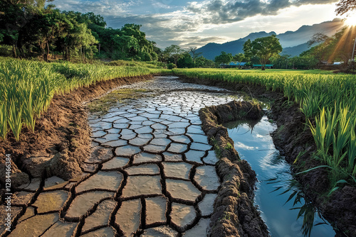 Dry, cracked soil in a rice field under the warm sunlight, showcasing the agricultural landscape of Thailand photo