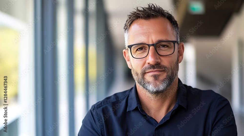 Confident businessman with glasses posing casually in a bright office setting with natural light : Generative AI Confident businessman with glasses posing casually in a bright office setting with natural light : Generative AI