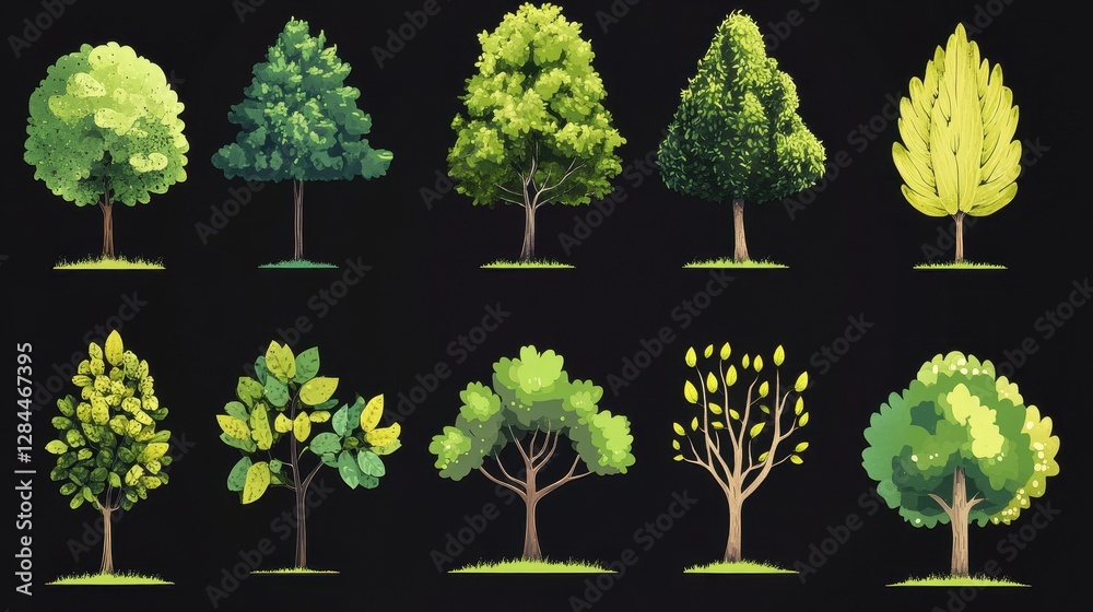 Fototapeta premium A colorful collection of illustrated trees showcasing various shades of green and yellow against a dark backdrop.