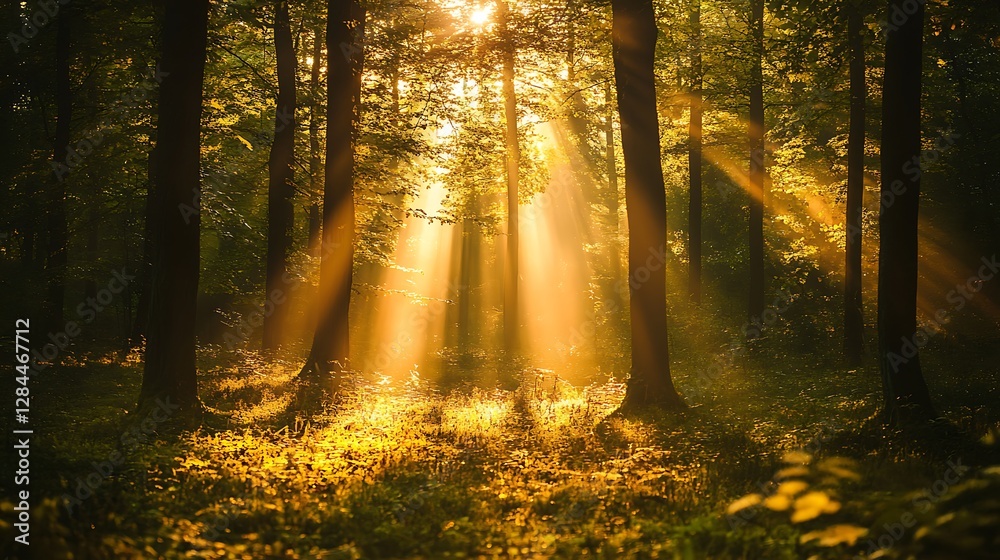 Fototapeta premium Golden Sunlight Piercing Through Mystic Woods