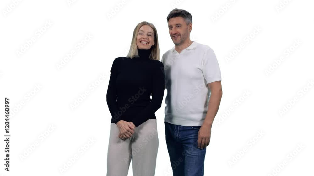 Close-up of adult man and woman looking at something and discussing, Full HD footage with alpha transparency channel isolated on white background Close-up of adult man and woman looking at something and discussing, Full HD footage with alpha transparency channel isolated on white background