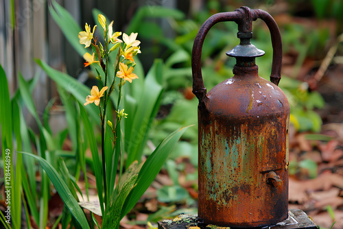  Vintage rusty kettle with bright yellow flowers growing inside it, placed in a charming garden setting photo