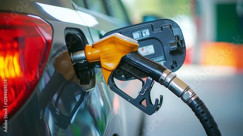 A close-up of a fuel pump nozzle inserted into a car's gas tank.