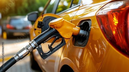 A close-up of a fuel pump nozzle inserted into a car's gas tank.