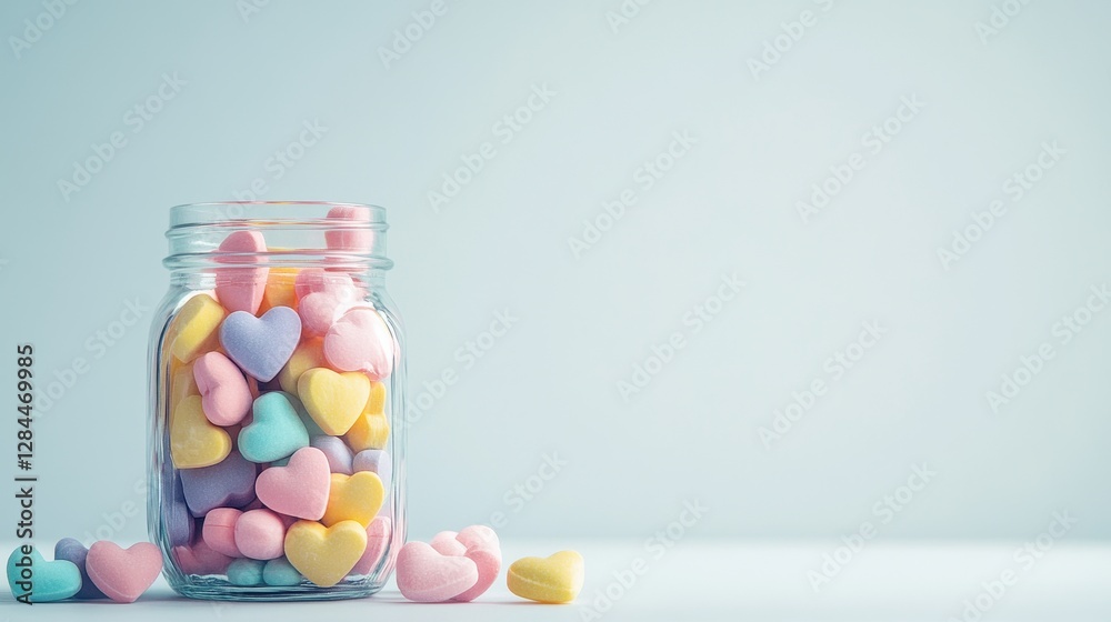 A glass jar filled with colorful, pastel heart-shaped candies, showcasing a cheerful and whimsical mood. A glass jar filled with colorful, pastel heart-shaped candies, showcasing a cheerful and whimsical mood.