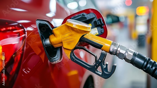 A close-up of a fuel pump nozzle inserted into a car's gas tank.
