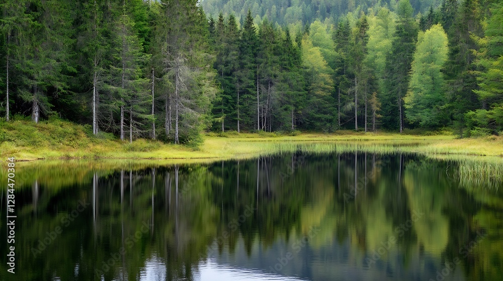 Serene Lake Surrounded by Lush Green Forest Under Clear Blue Sky in Tranquil Nature Setting : Generative AI Serene Lake Surrounded by Lush Green Forest Under Clear Blue Sky in Tranquil Nature Setting : Generative AI