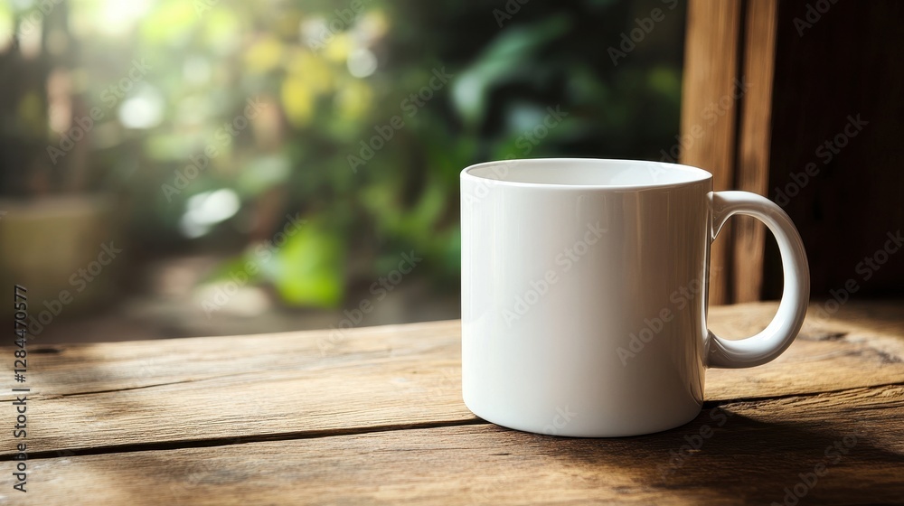 Obraz premium A blank white ceramic mug sits on a rustic wooden table, bathed in soft morning light with a lush green background.