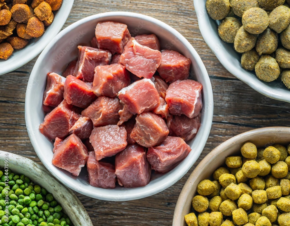 Dry Pet Food with Natural Ingredients – Raw Meat in a Bowl for Pets, A Set of Different Fodder and Food for Dogs or Cats Dry Pet Food with Natural Ingredients – Raw Meat in a Bowl for Pets, A Set of Different Fodder and Food for Dogs or Cats