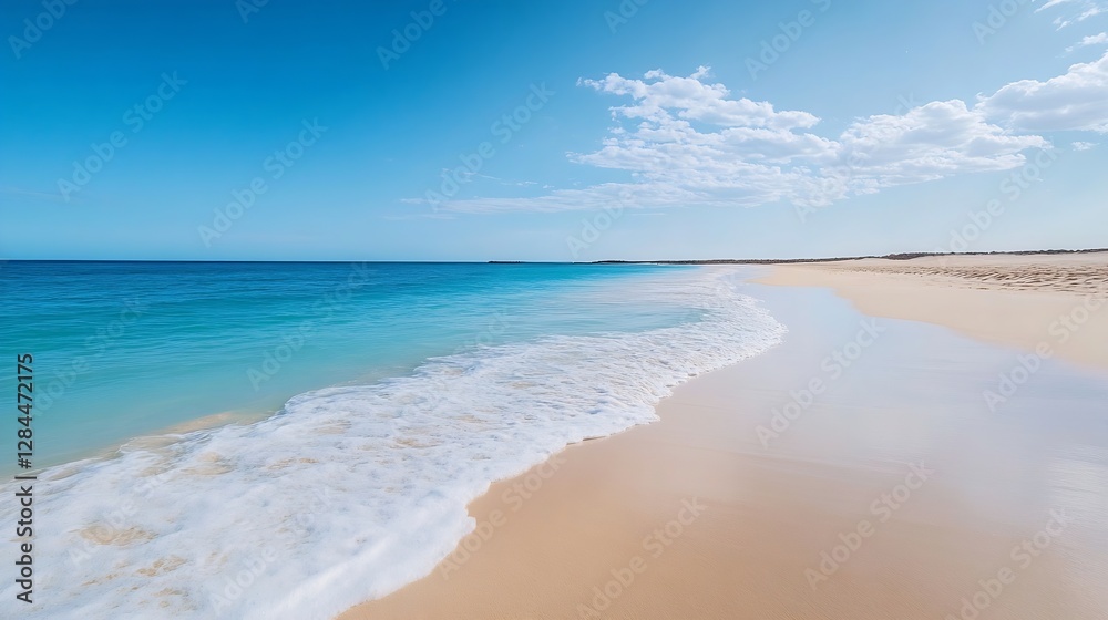 Stunning panoramic view of beach with soft waves and clear blue skies on a sunny day : Generative AI Stunning panoramic view of beach with soft waves and clear blue skies on a sunny day : Generative AI