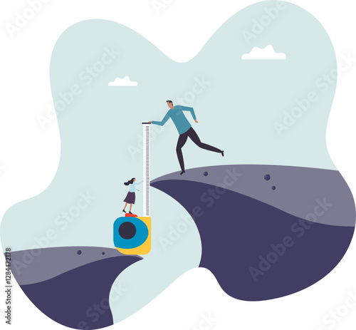 Gap analysis, measuring resources and strategy to reach target, comparison between current state, challenge and obstacle to overcome to success.business concept.flat character.