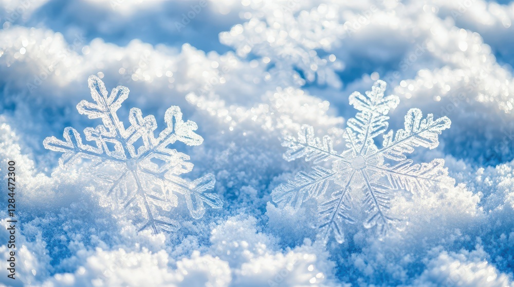 Delicate crystal snowflakes on pristine snowy background in winter sunlight Delicate crystal snowflakes on pristine snowy background in winter sunlight