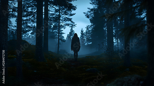 Woman Walking in a Dark Forest at Night
