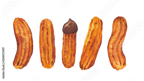 Watercolor collection of a fresh sugar churros isolated on a white background.
