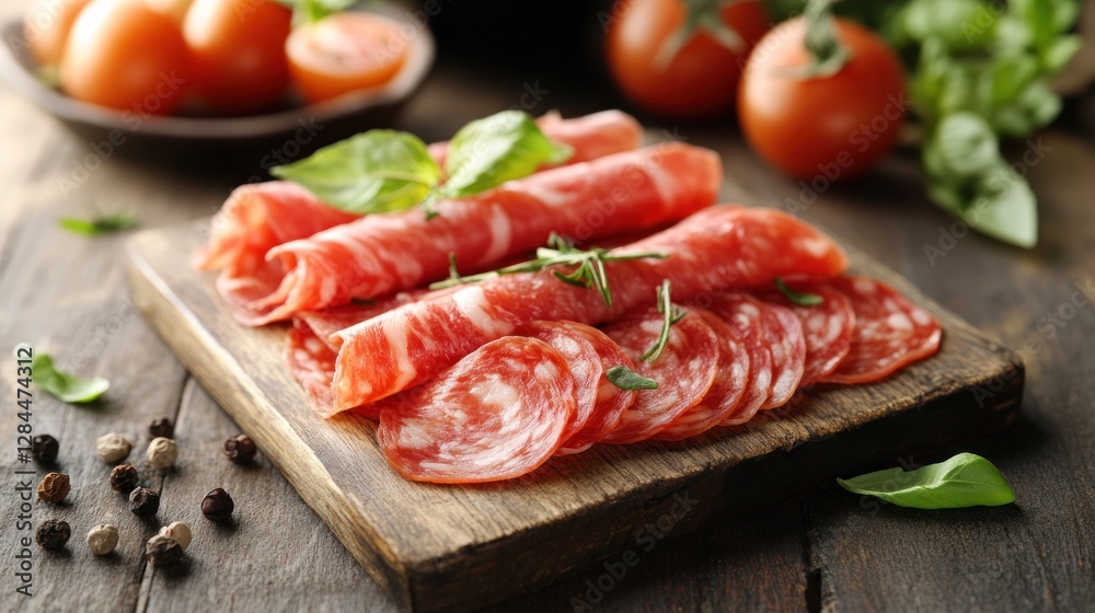 Thinly sliced salami on wooden board with tomatoes and basil. Thinly sliced salami on wooden board with tomatoes and basil.